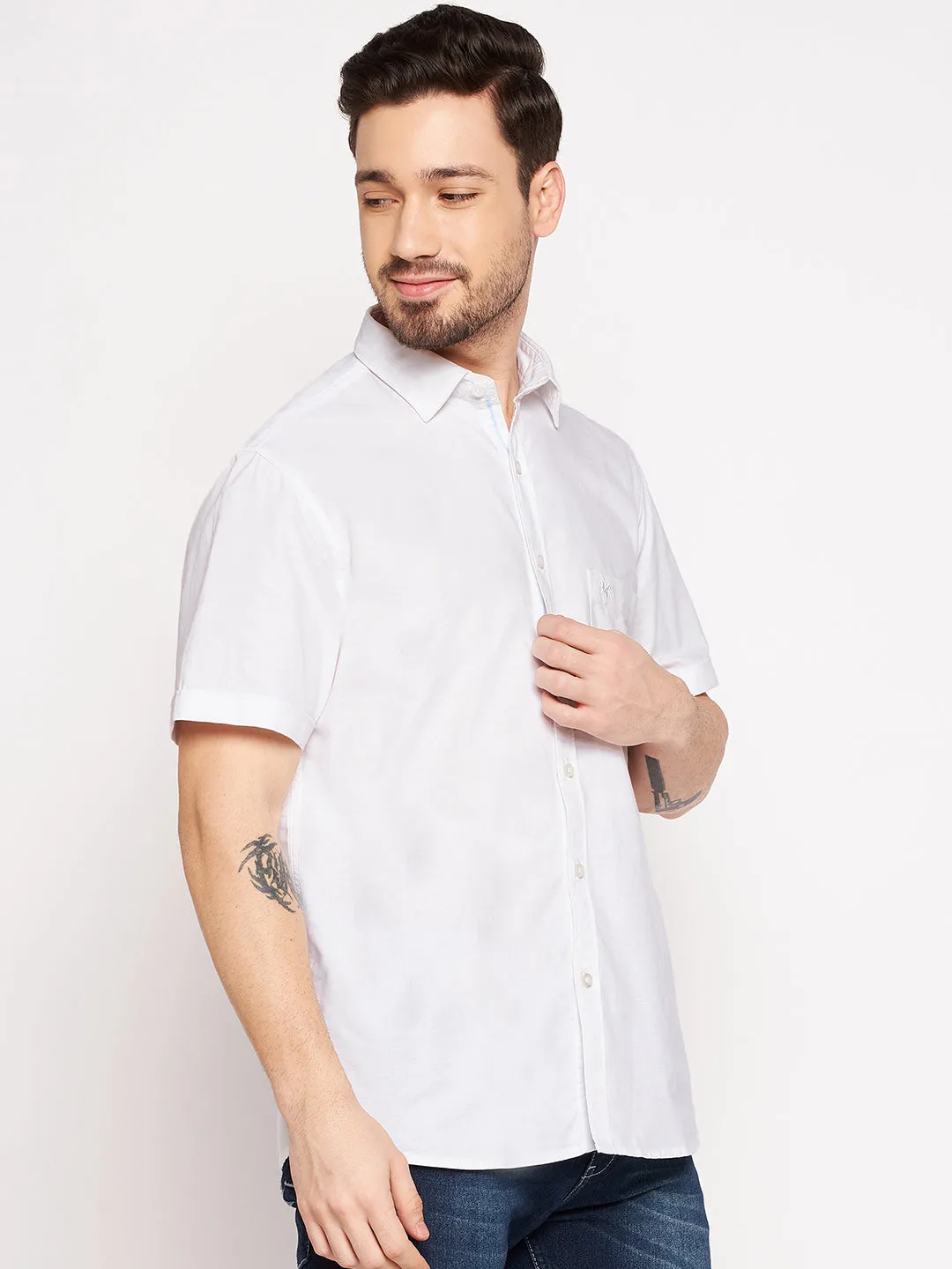 Cotton Solid White Half Sleeve Regular Fit Casual Shirt for Men with Pocket