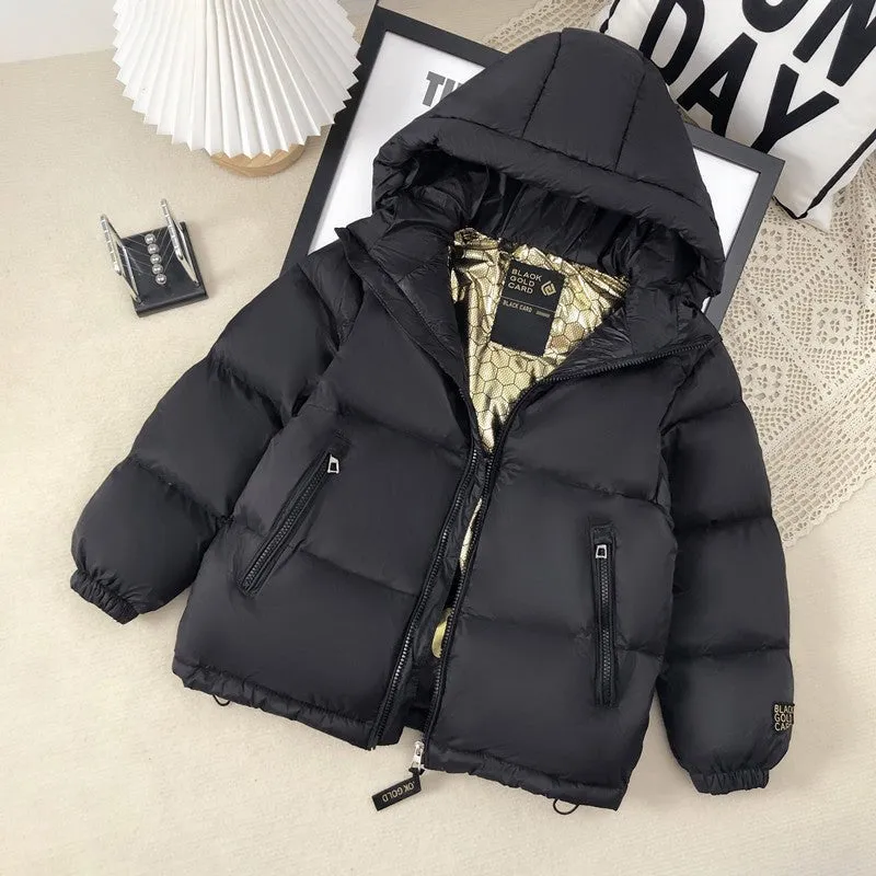 Cozy and Stylish Mid-Waist Down Jacket for Kids – Available in Black, Red, and Purple