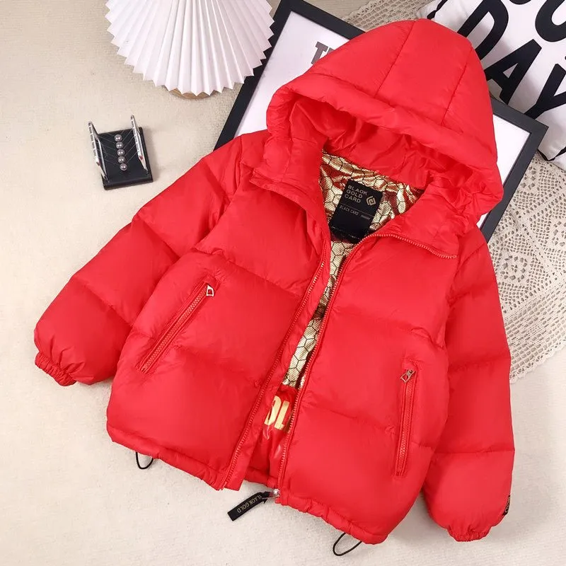 Cozy and Stylish Mid-Waist Down Jacket for Kids – Available in Black, Red, and Purple