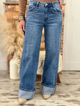 Cuffed Panel Baggy Wide Leg Jeans