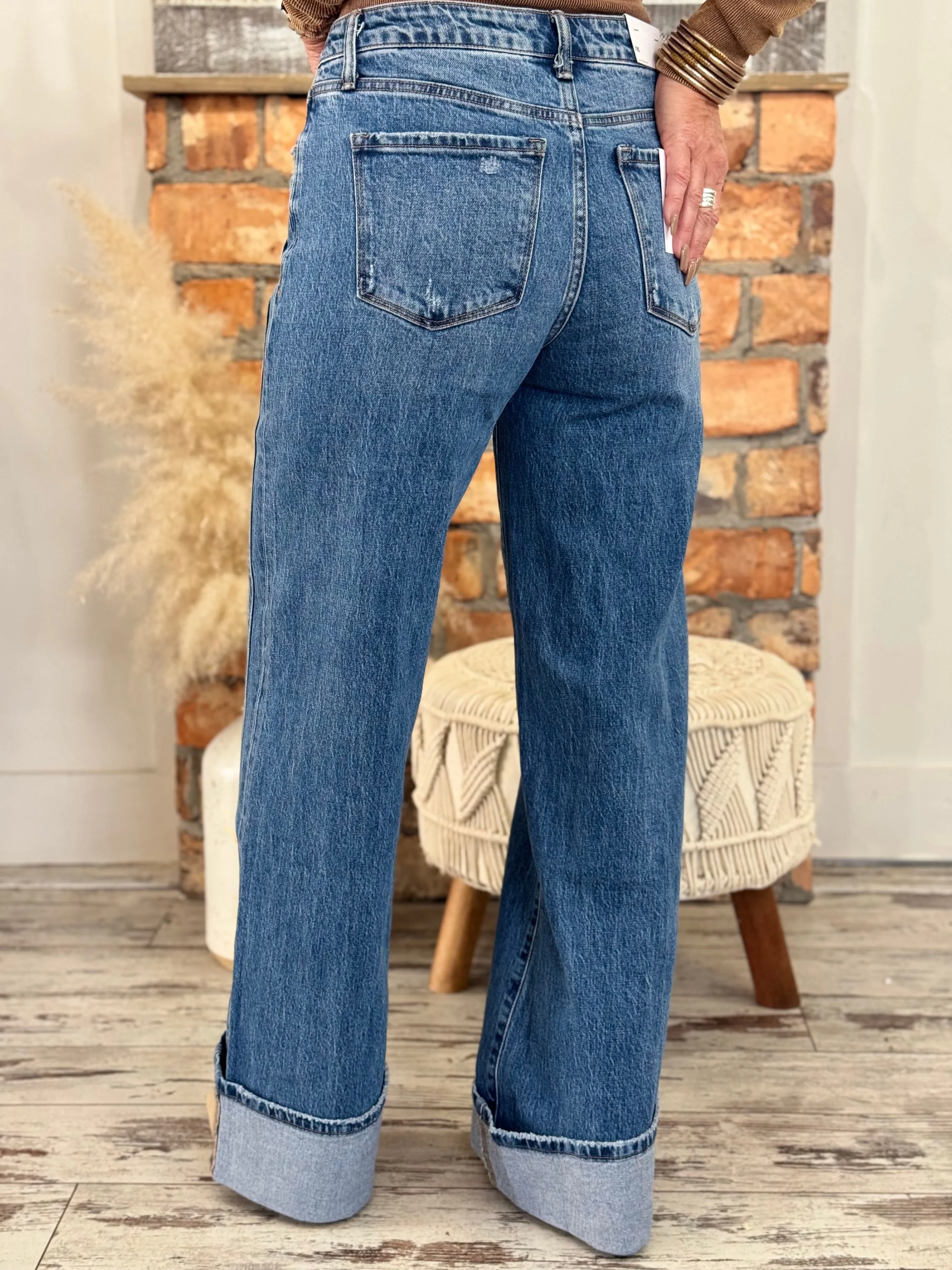 Cuffed Panel Baggy Wide Leg Jeans