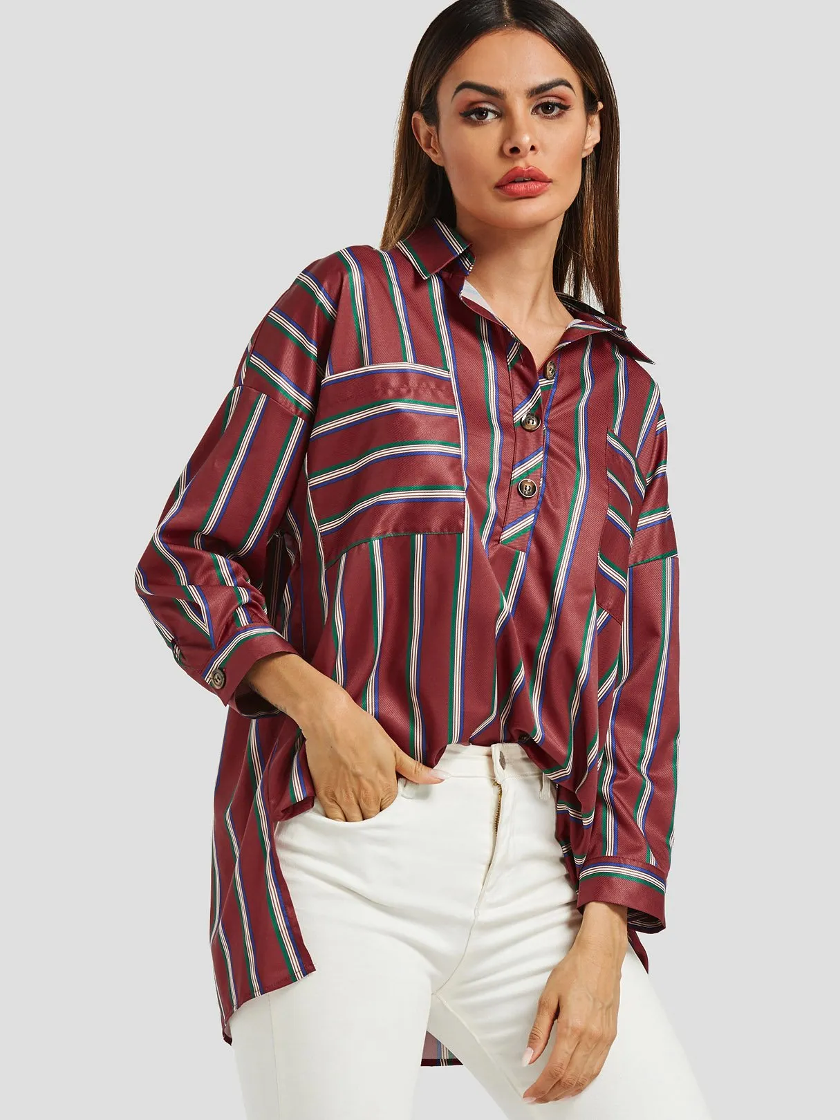 Custom Classic Collar Stripe Long Sleeve Burgundy Blouses