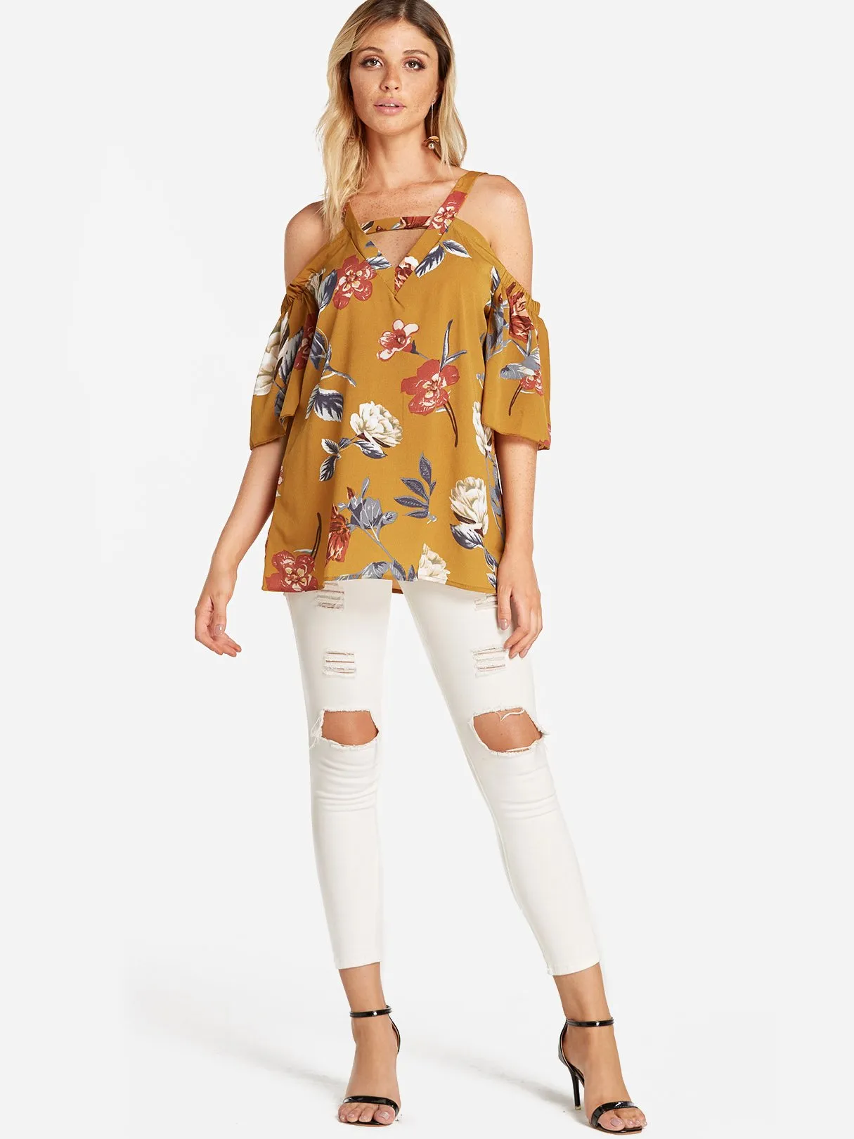 Custom Cold Shoulder Floral Print Cut Out Pleated Half Sleeve Blouses