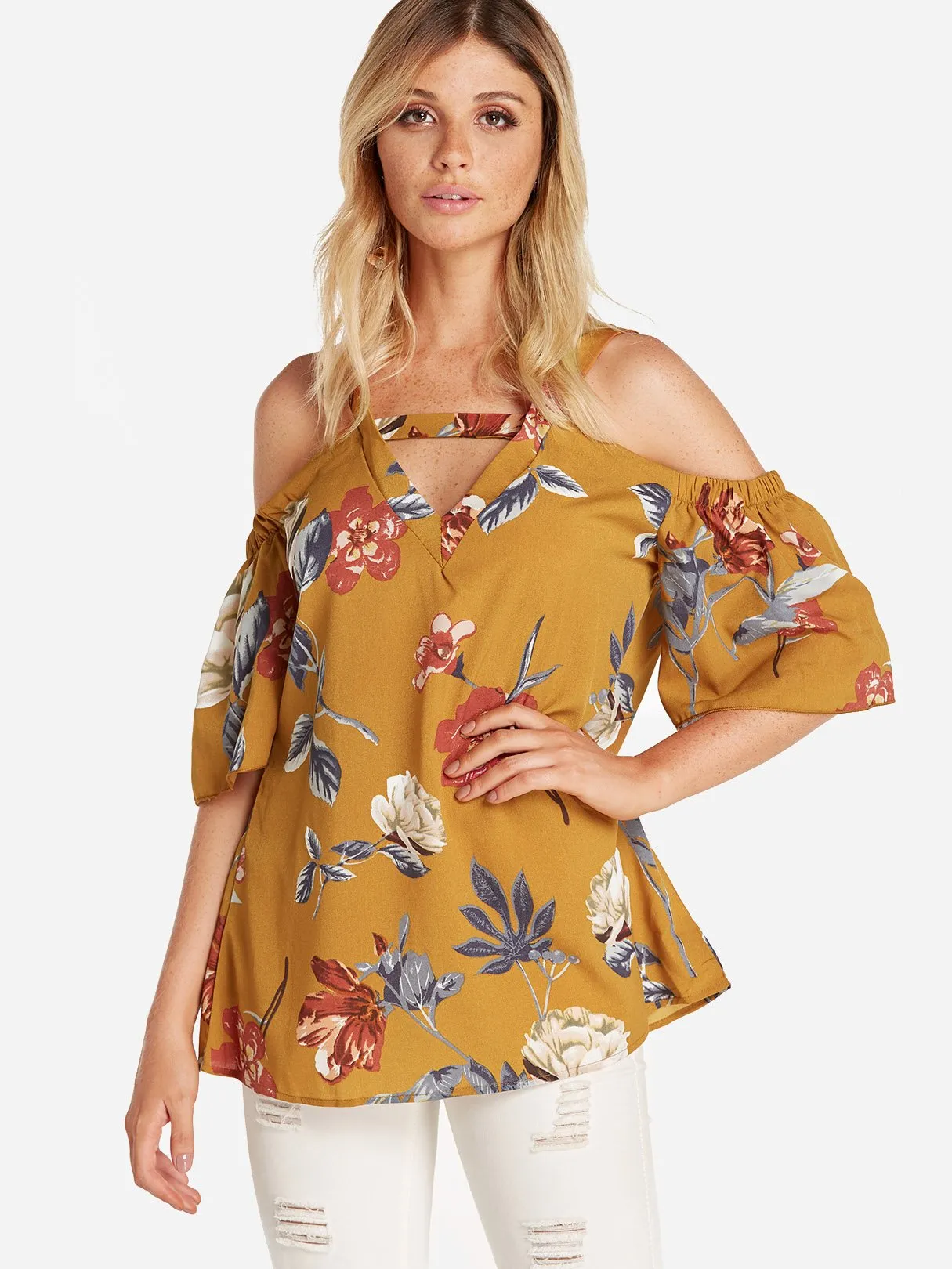 Custom Cold Shoulder Floral Print Cut Out Pleated Half Sleeve Blouses