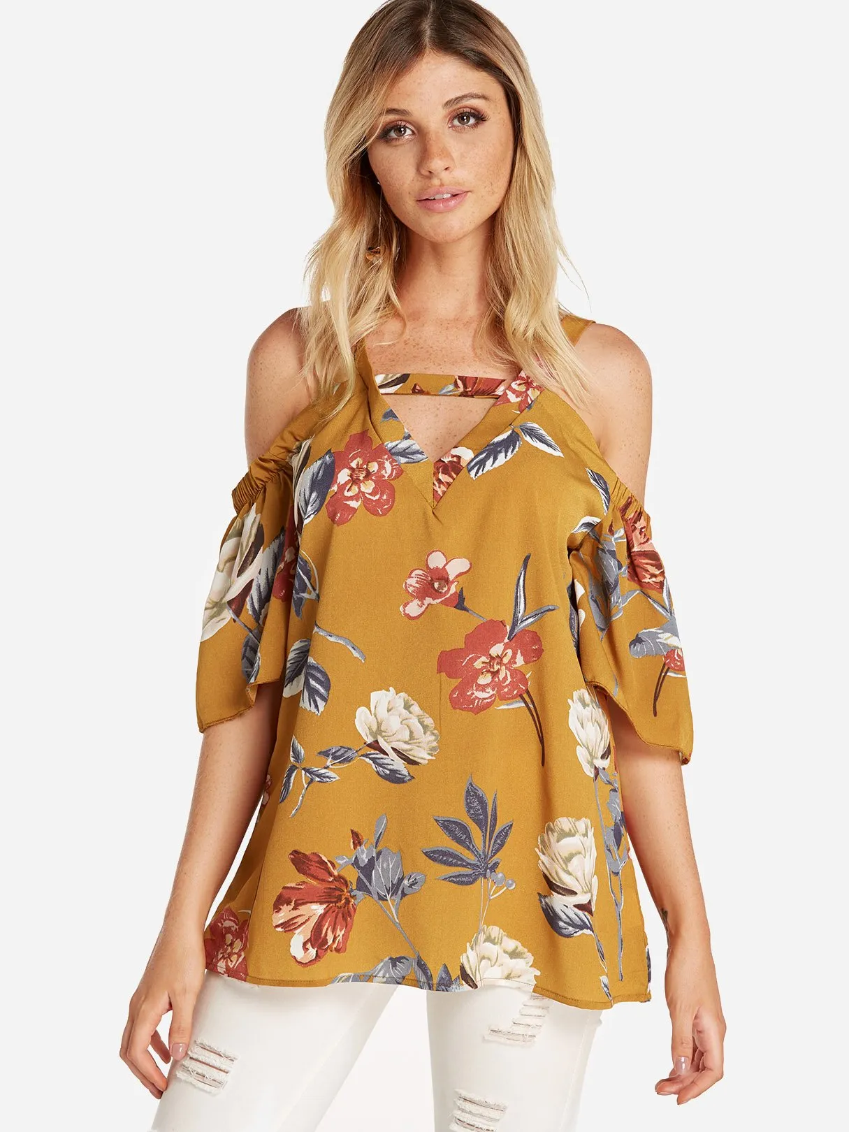 Custom Cold Shoulder Floral Print Cut Out Pleated Half Sleeve Blouses