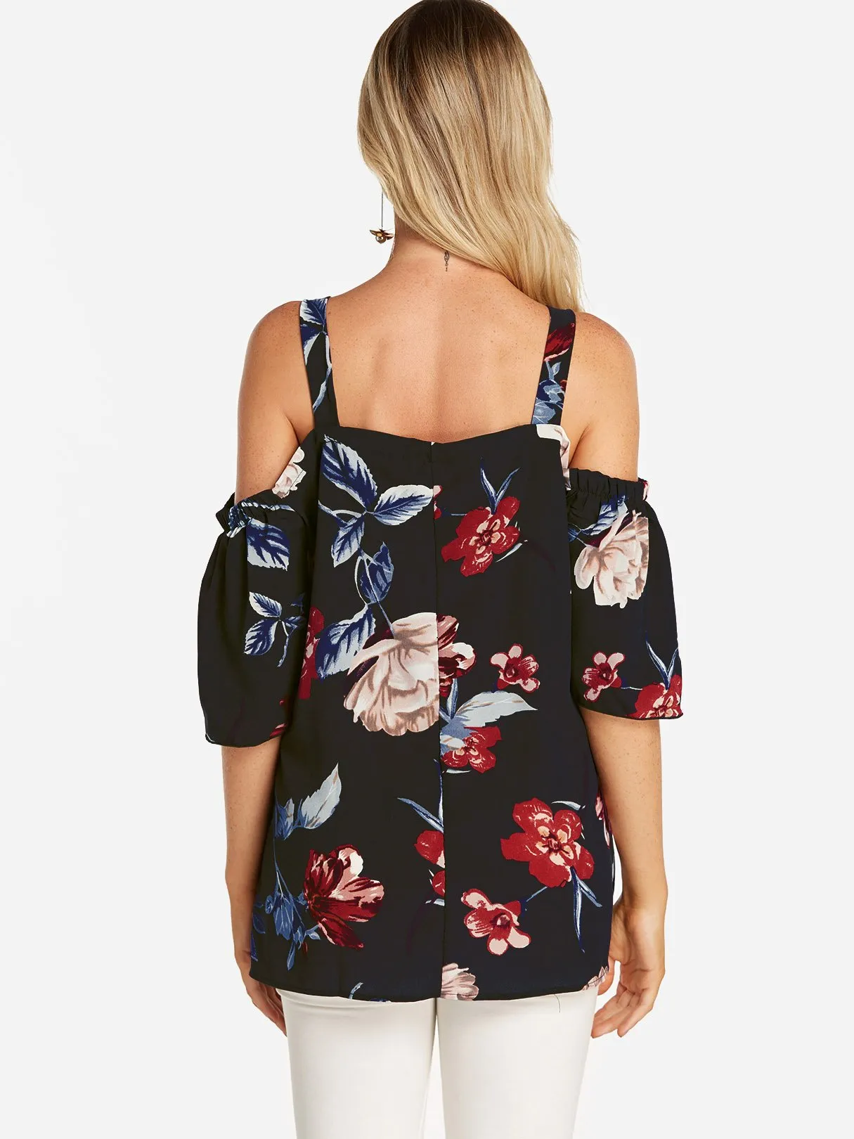 Custom Cold Shoulder Floral Print Cut Out Pleated Half Sleeve Blouses