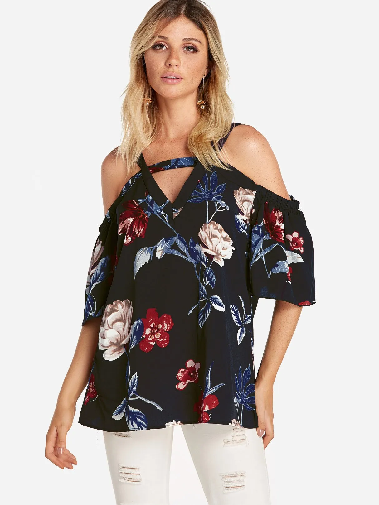 Custom Cold Shoulder Floral Print Cut Out Pleated Half Sleeve Blouses