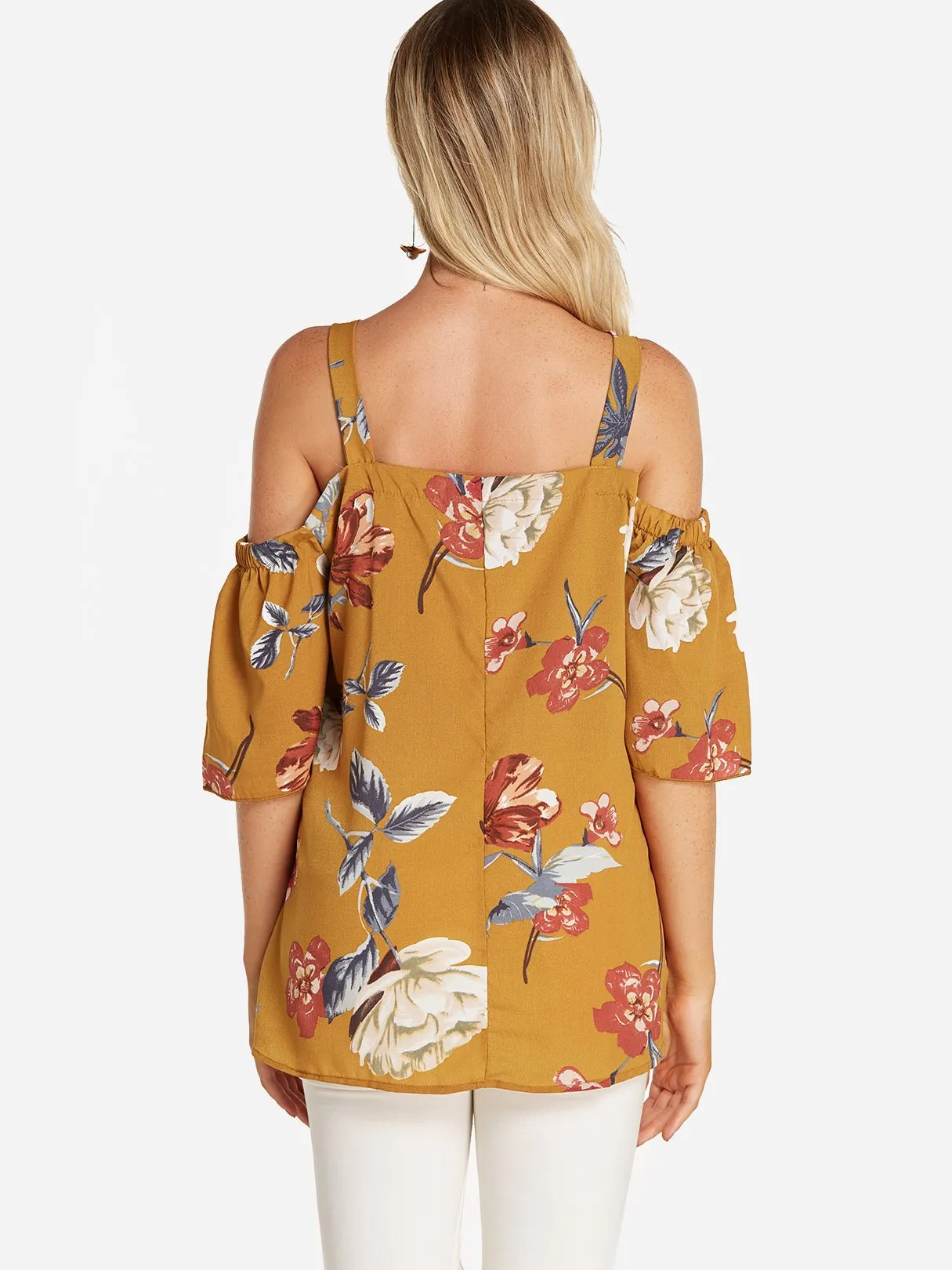 Custom Cold Shoulder Floral Print Cut Out Pleated Half Sleeve Blouses