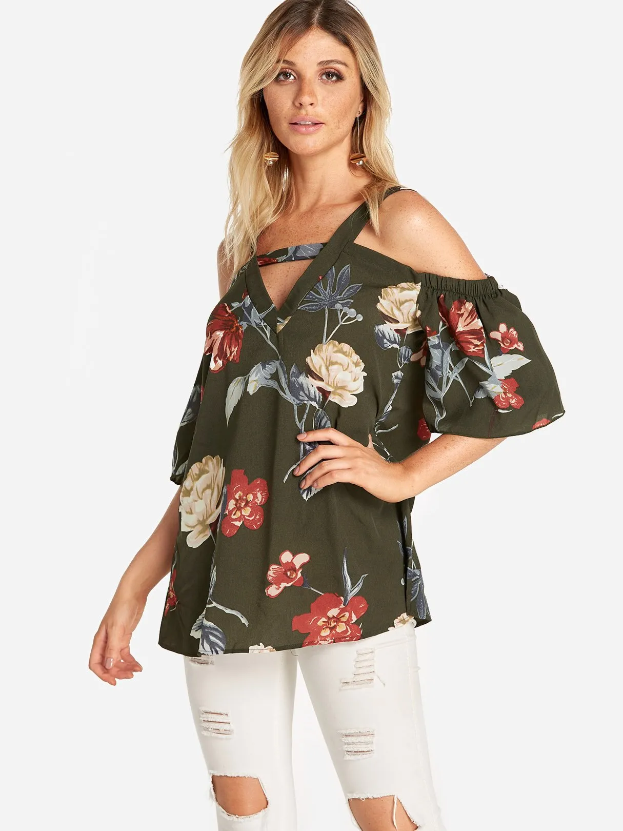 Custom Cold Shoulder Floral Print Cut Out Pleated Half Sleeve Blouses