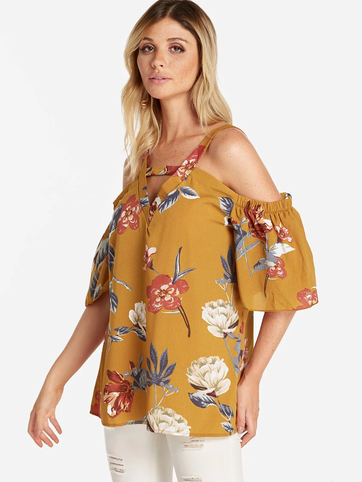 Custom Cold Shoulder Floral Print Cut Out Pleated Half Sleeve Blouses