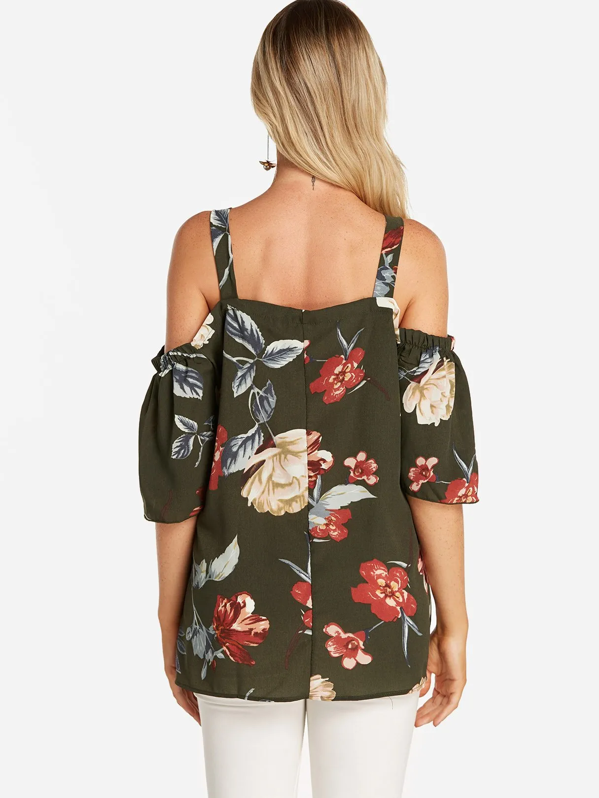 Custom Cold Shoulder Floral Print Cut Out Pleated Half Sleeve Blouses