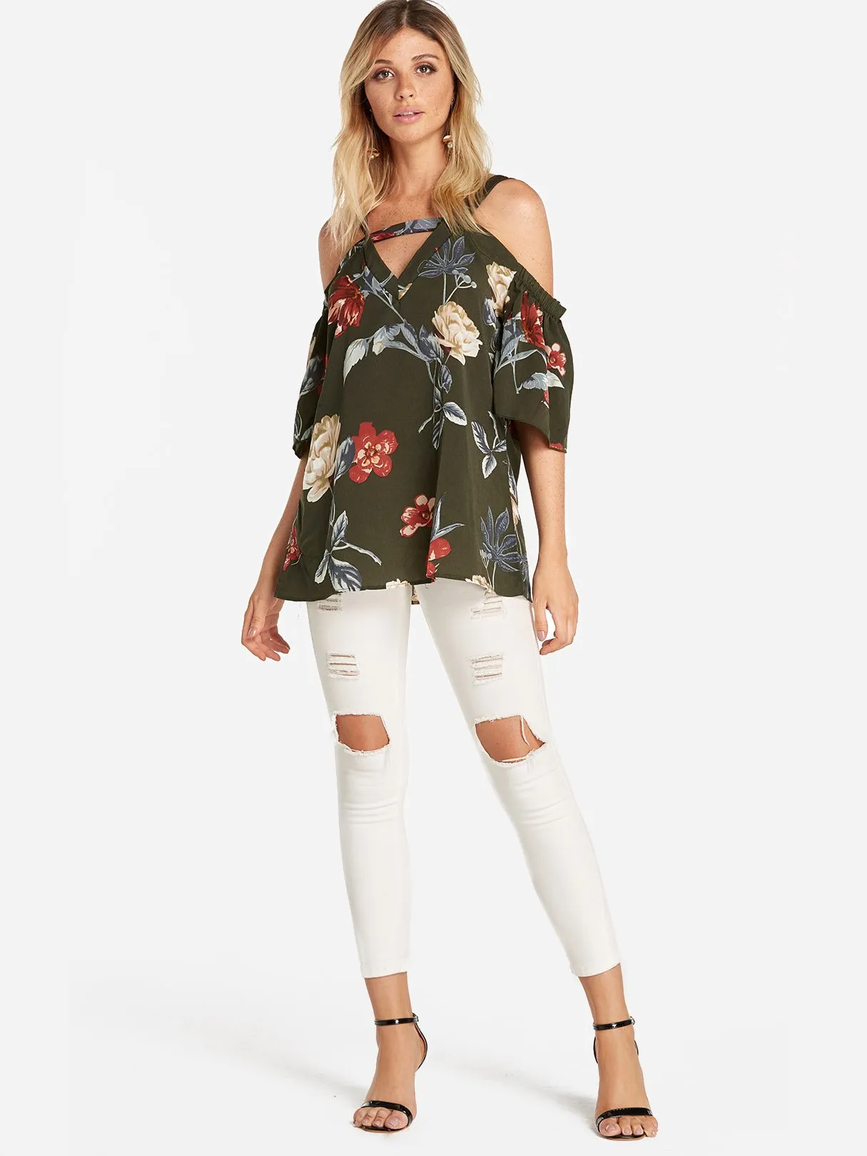 Custom Cold Shoulder Floral Print Cut Out Pleated Half Sleeve Blouses