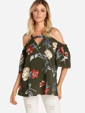 Custom Cold Shoulder Floral Print Cut Out Pleated Half Sleeve Blouses