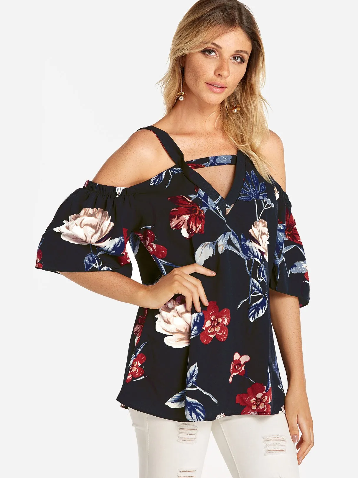 Custom Cold Shoulder Floral Print Cut Out Pleated Half Sleeve Blouses