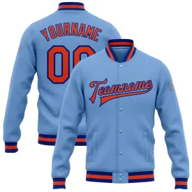 Custom Light Blue Orange-Royal Bomber Full-Snap Varsity Letterman Jacket