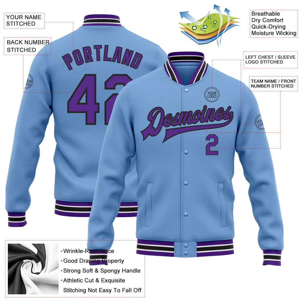 Custom Light Blue Purple-Black Bomber Full-Snap Varsity Letterman Jacket