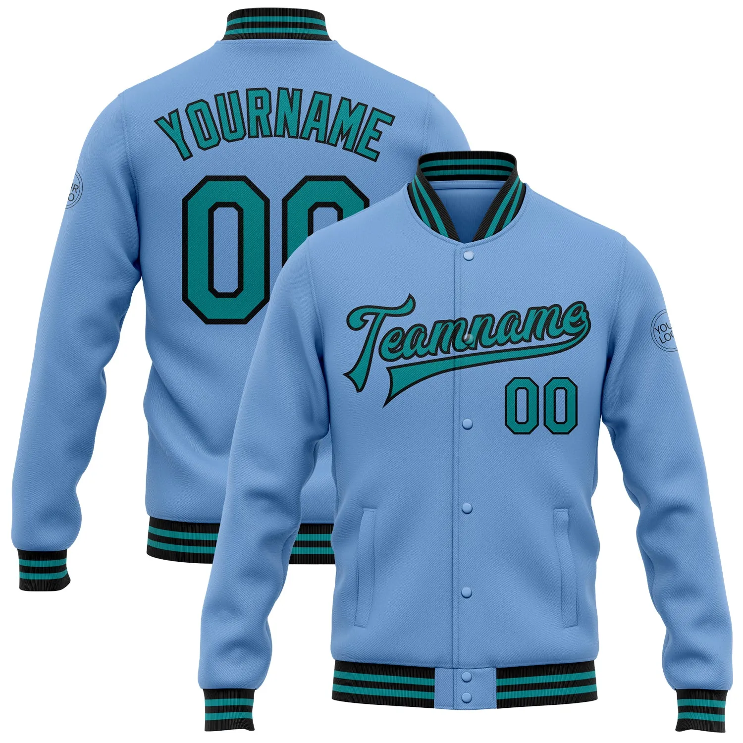 Custom Light Blue Teal-Black Bomber Full-Snap Varsity Letterman Jacket