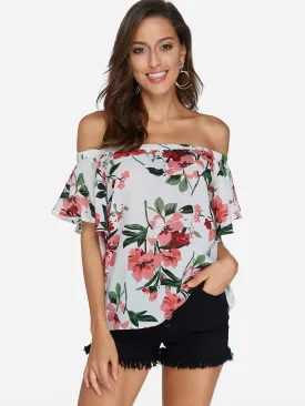 Custom Off The Shoulder Floral Print Short Sleeve White Blouses