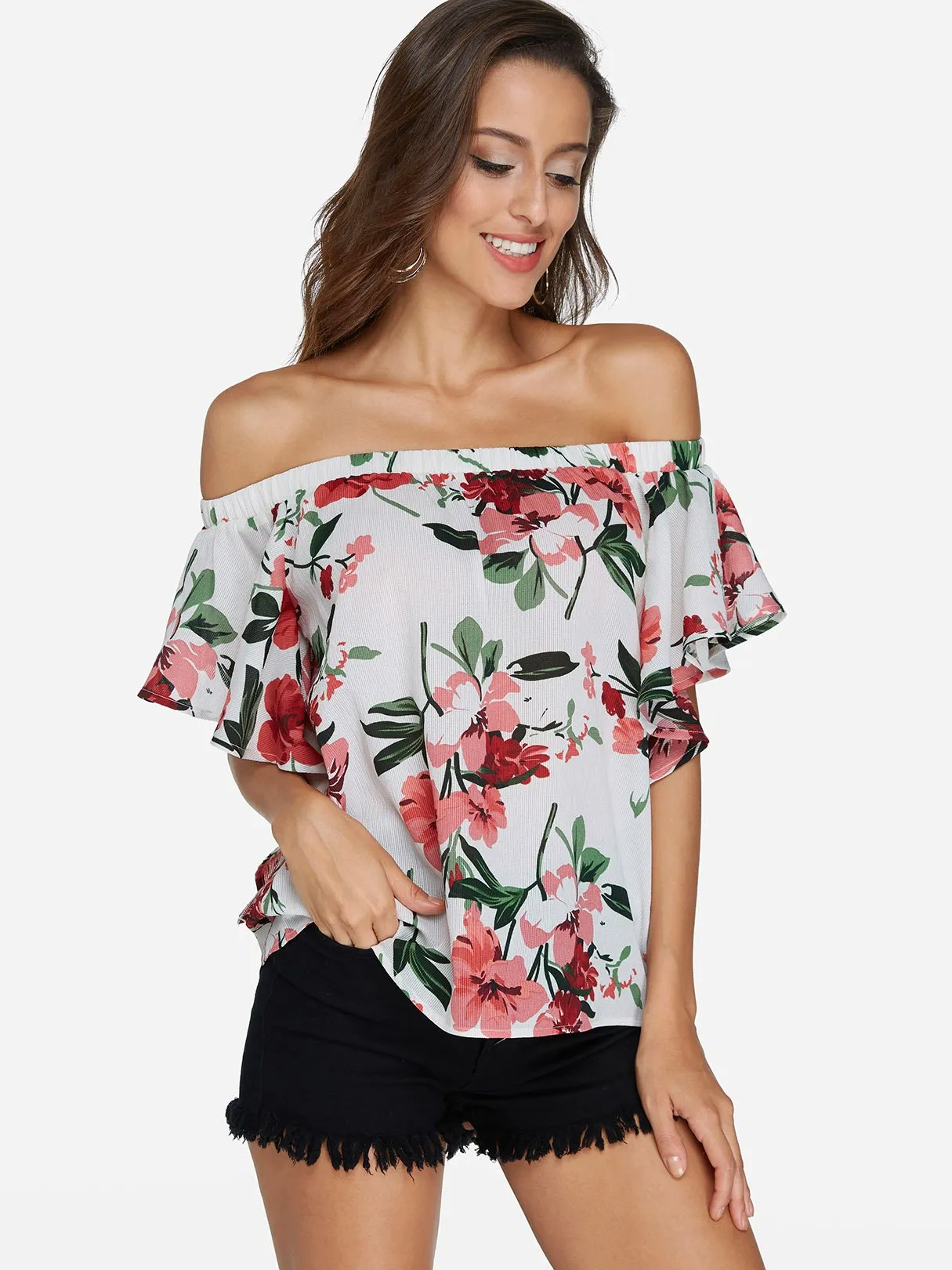 Custom Off The Shoulder Floral Print Short Sleeve White Blouses