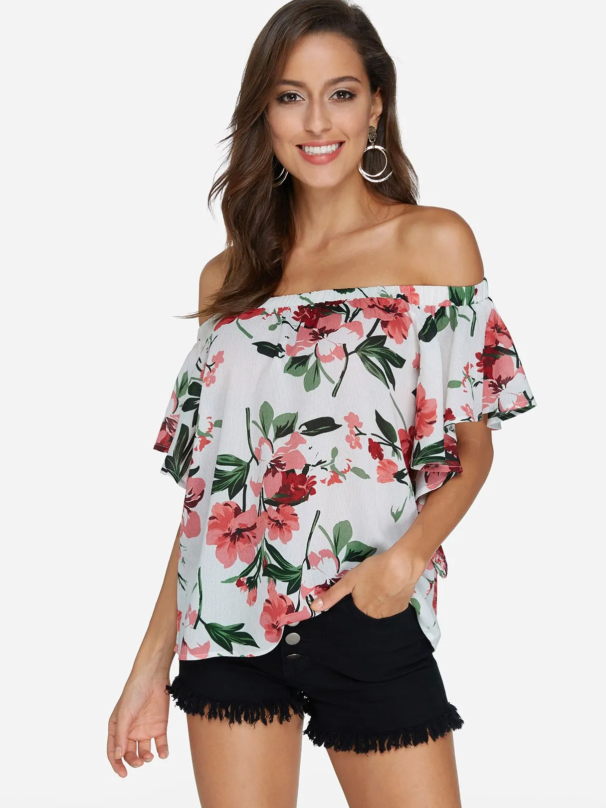 Custom Off The Shoulder Floral Print Short Sleeve White Blouses