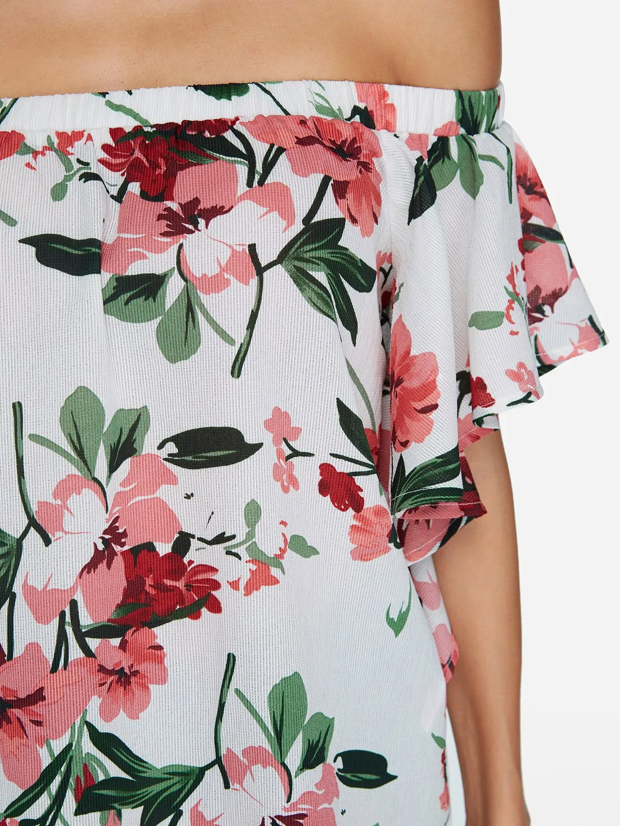 Custom Off The Shoulder Floral Print Short Sleeve White Blouses