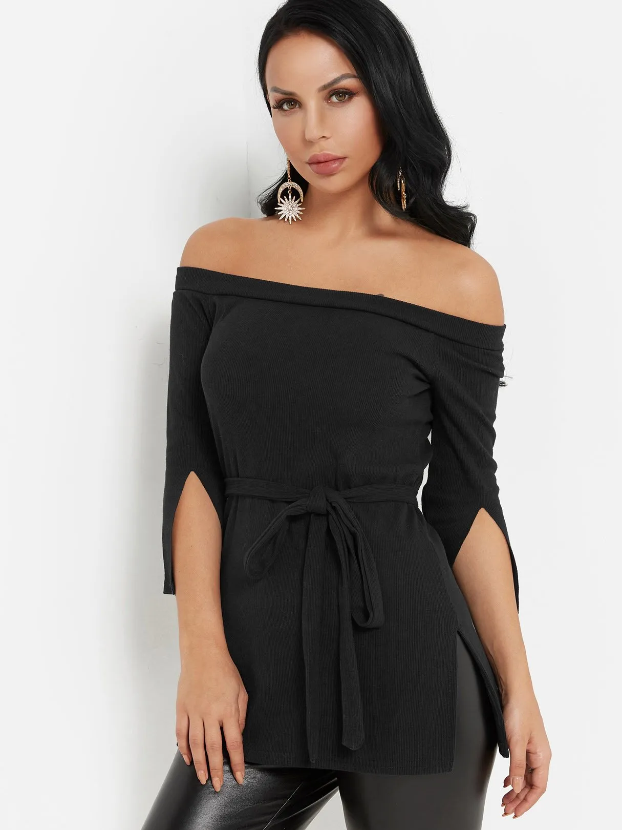 Custom Off The Shoulder Plain Slit Self-Tie Long Sleeve Blouses