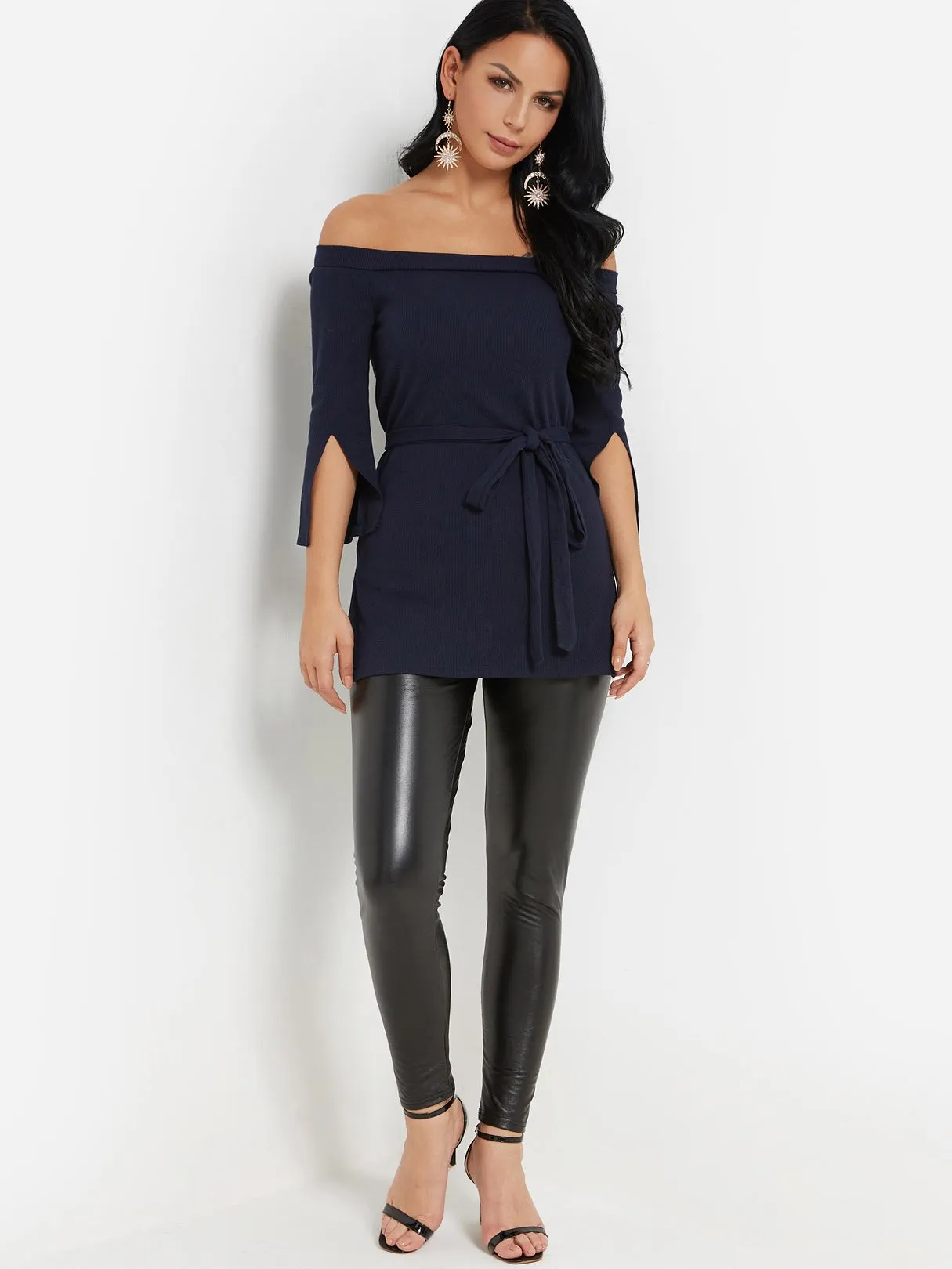 Custom Off The Shoulder Plain Slit Self-Tie Long Sleeve Blouses