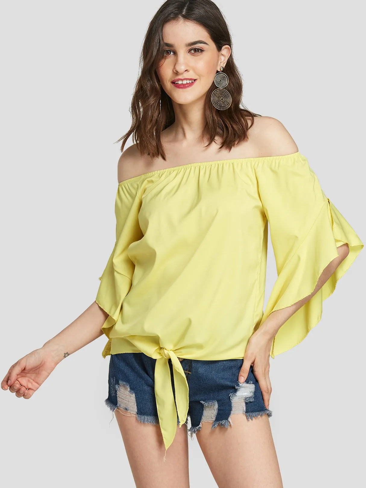 Custom Off The Shoulder Self-Tie Short Sleeve Blouses