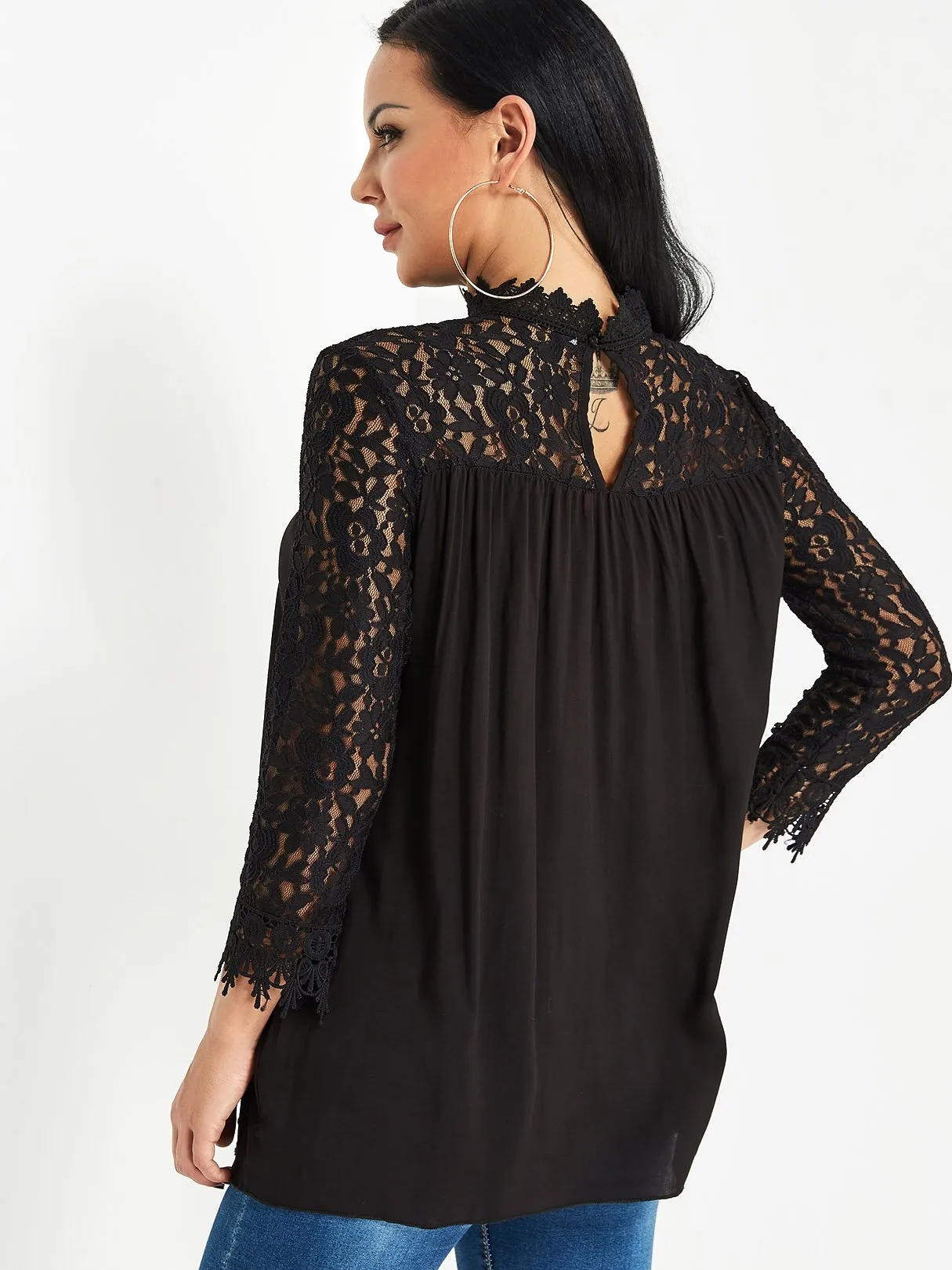 Custom Plain Lace Long Sleeve Black Blouses