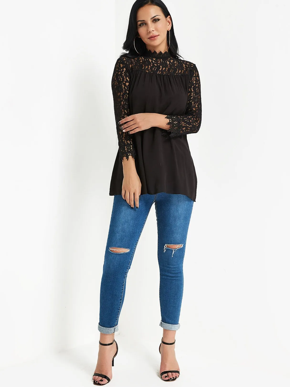 Custom Plain Lace Long Sleeve Black Blouses