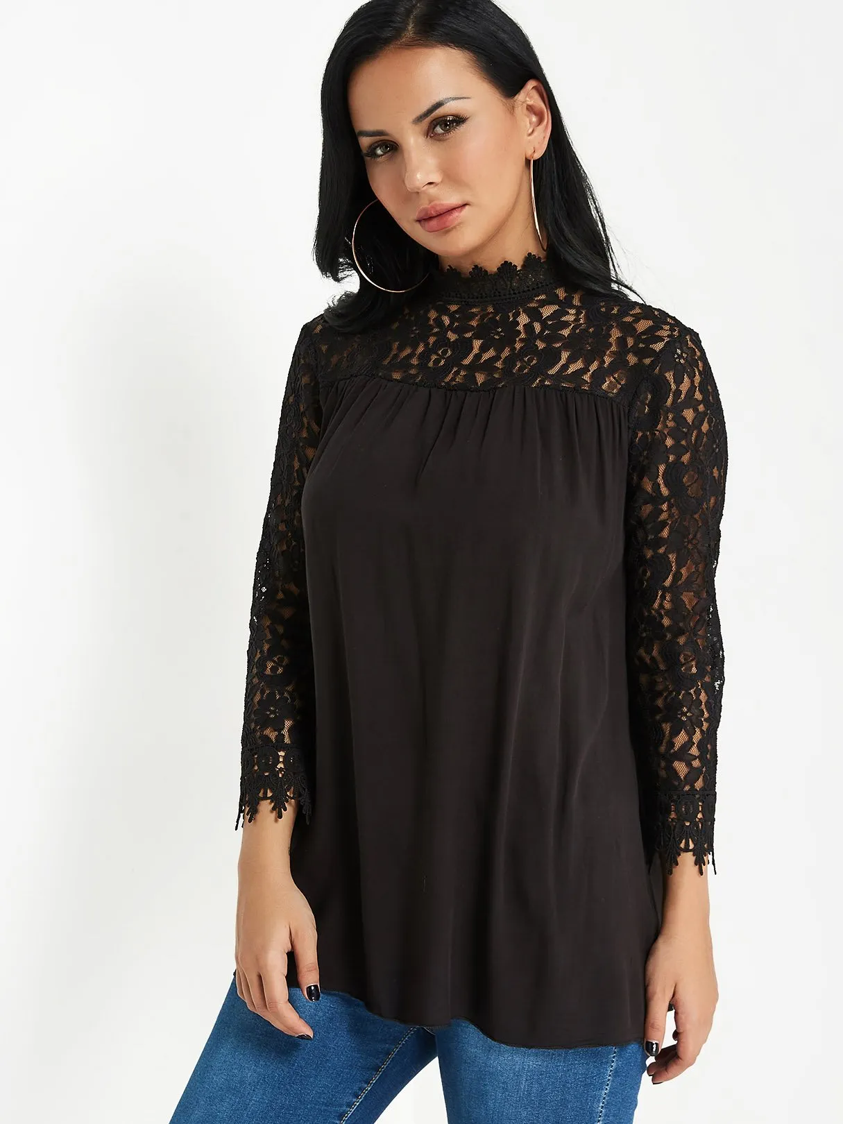 Custom Plain Lace Long Sleeve Black Blouses