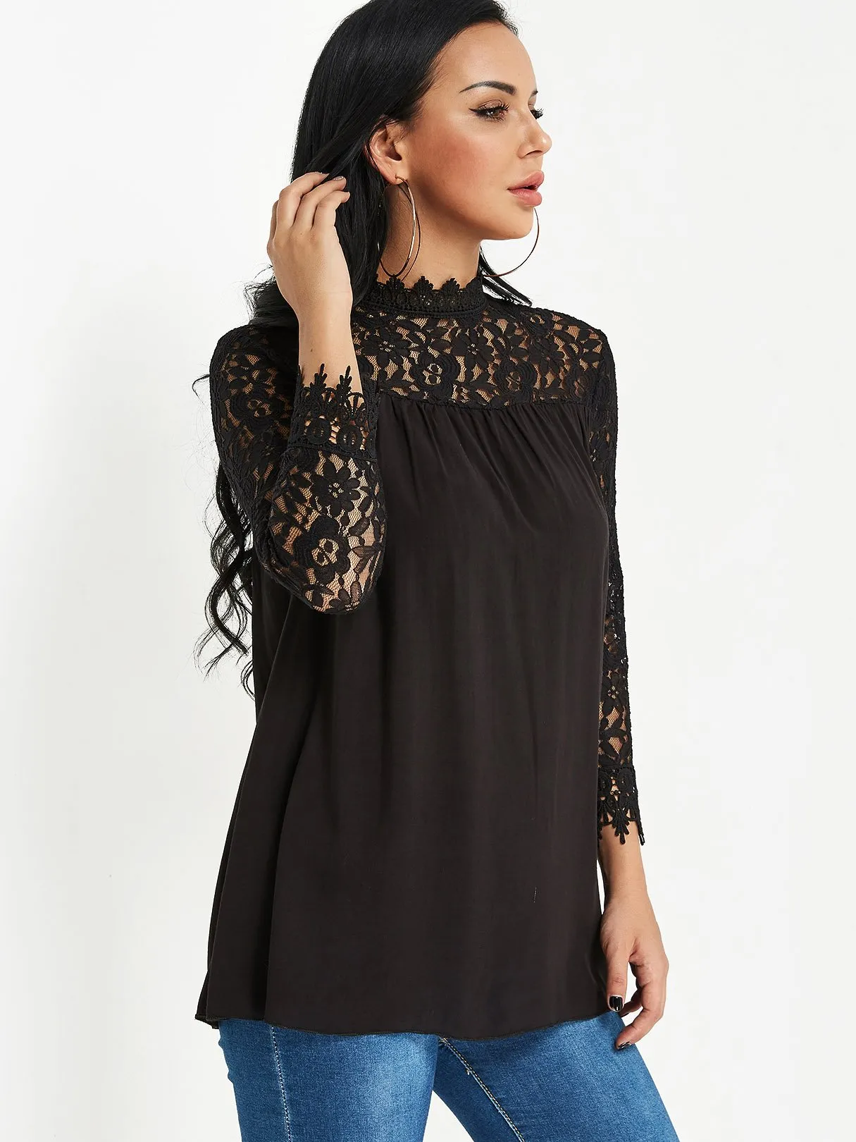 Custom Plain Lace Long Sleeve Black Blouses