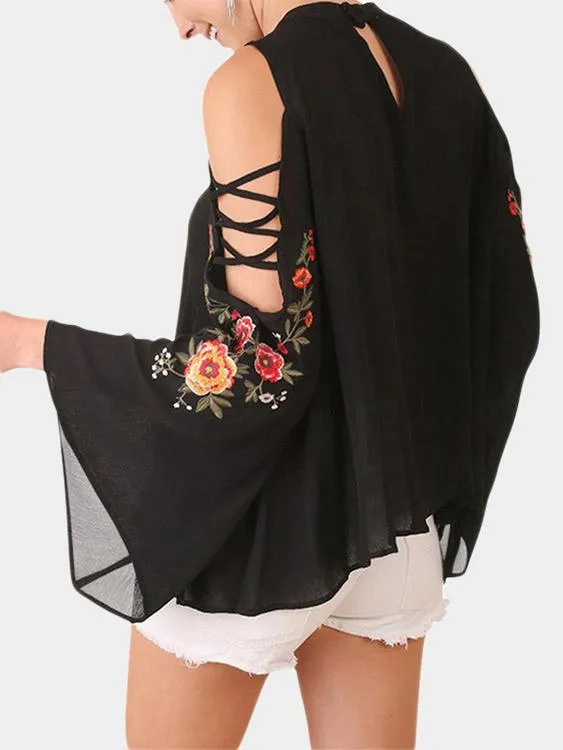 Custom Round Neck Cold Shoulder Embroidered Cut Out Long Sleeve Black Top