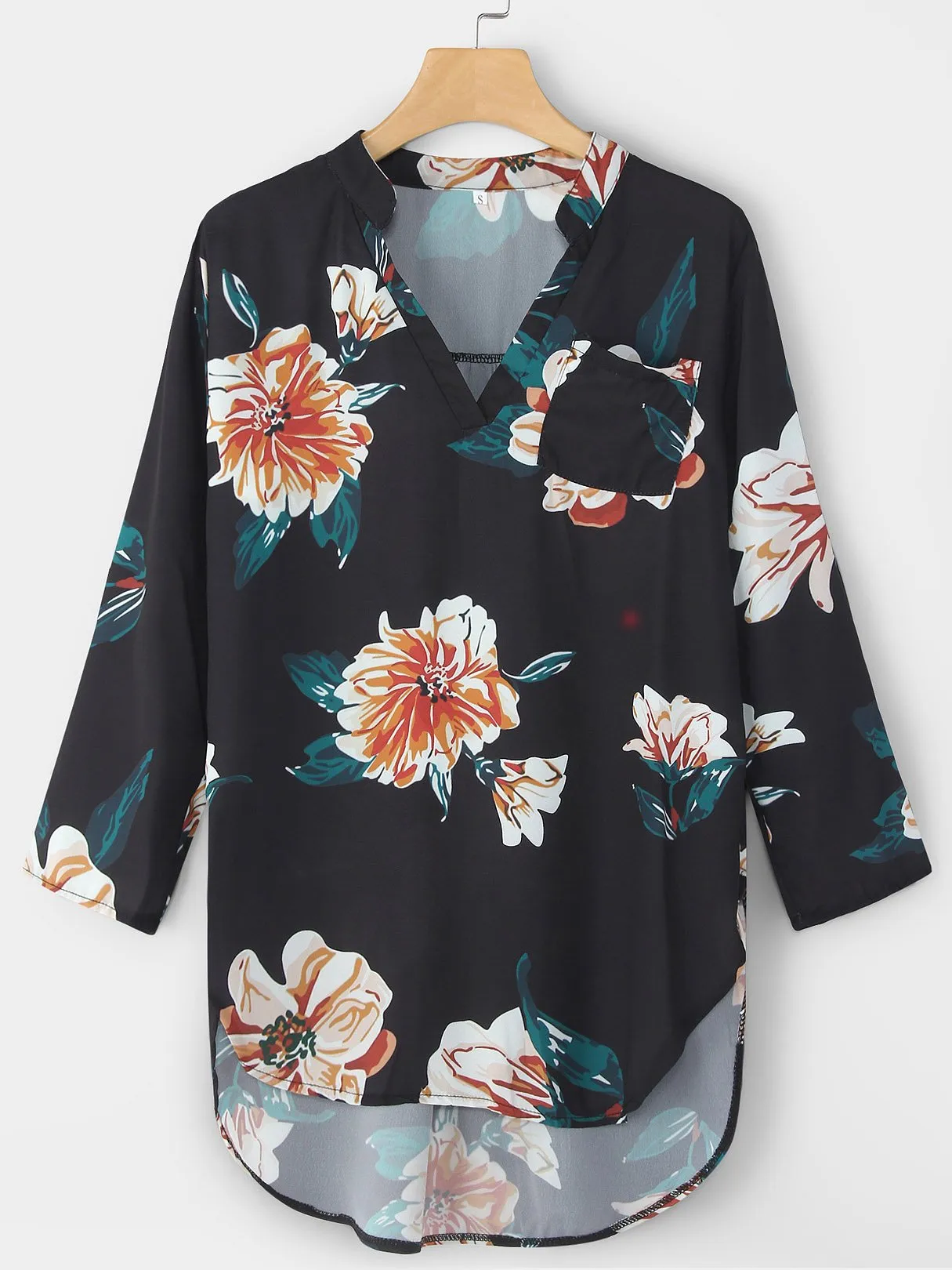 Custom V-Neck Floral Print Long Sleeve Curved Hem Black Blouses