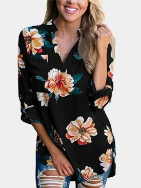 Custom V-Neck Floral Print Long Sleeve Curved Hem Black Blouses