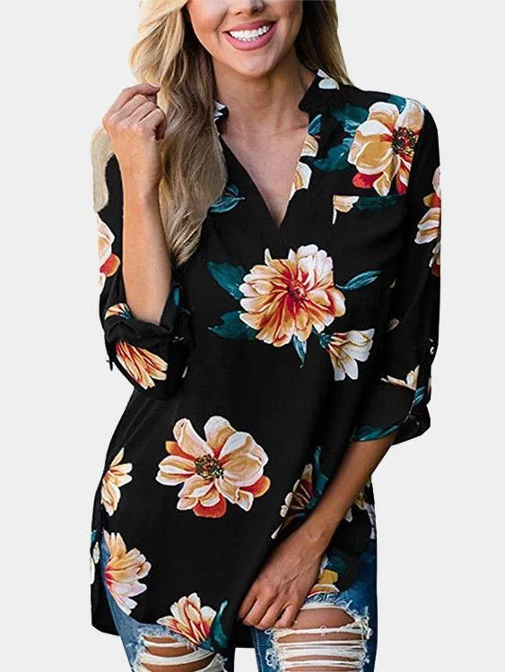 Custom V-Neck Floral Print Long Sleeve Curved Hem Black Blouses