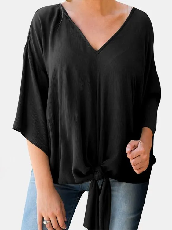 Custom V-Neck Plain Self-Tie Long Sleeve Blouses