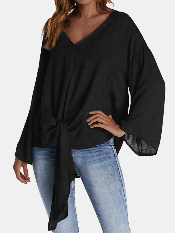 Custom V-Neck Plain Self-Tie Long Sleeve Blouses