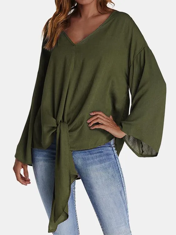 Custom V-Neck Plain Self-Tie Long Sleeve Blouses