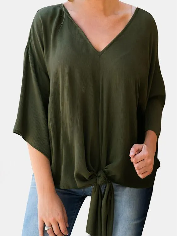 Custom V-Neck Plain Self-Tie Long Sleeve Blouses