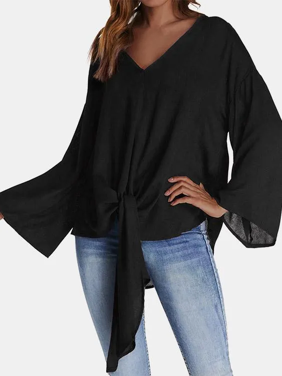 Custom V-Neck Plain Self-Tie Long Sleeve Blouses