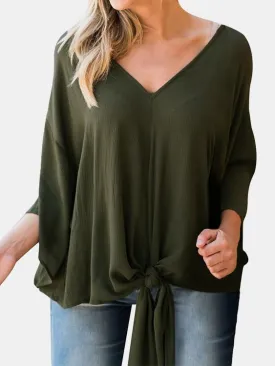 Custom V-Neck Plain Self-Tie Long Sleeve Blouses