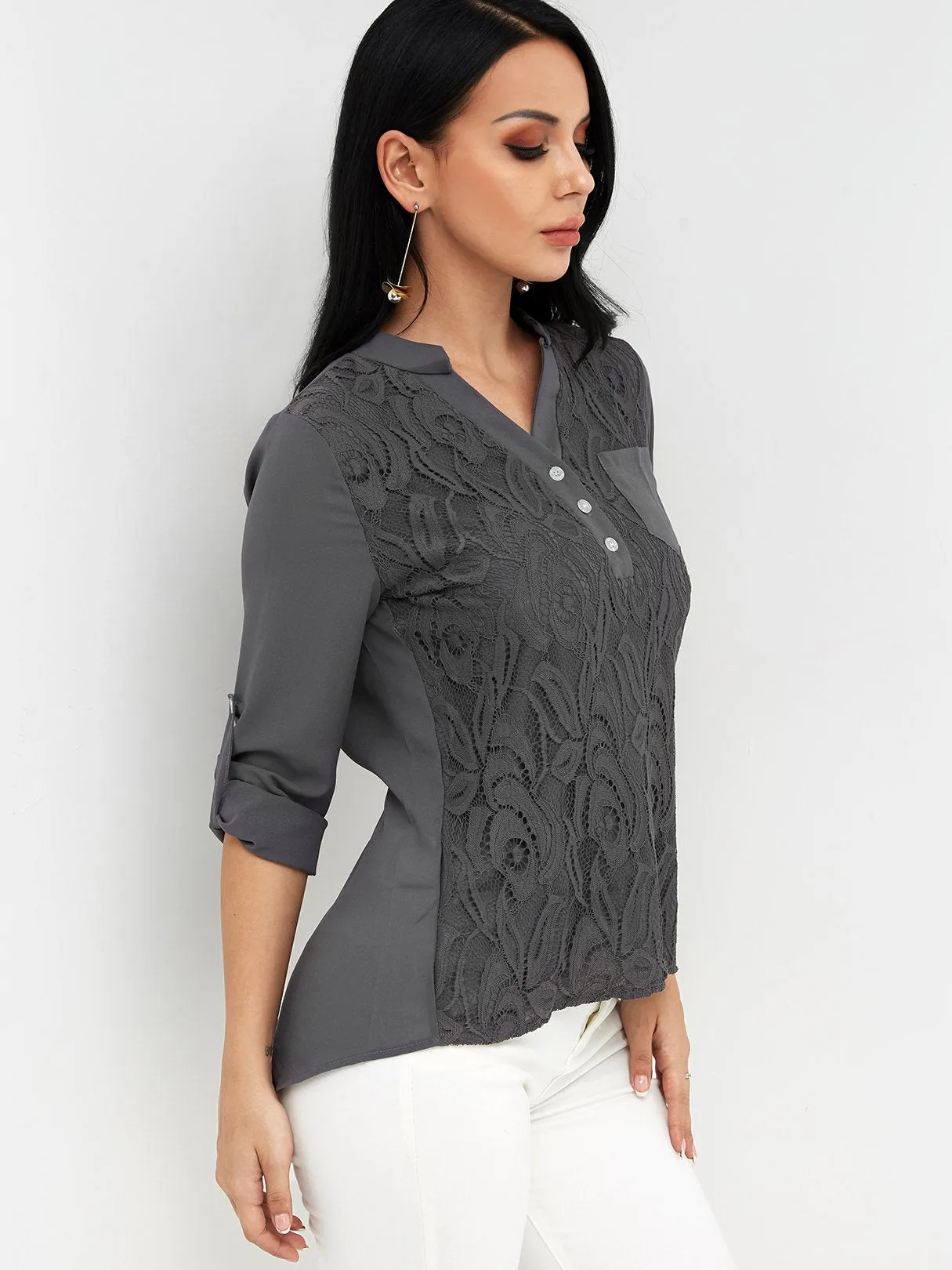 Custom V-Neck Sheer Lace Long Sleeve Grey Blouses