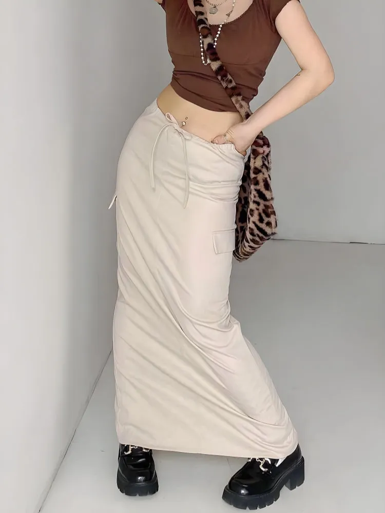 Drawstring Waist Parachute Maxi Skirt