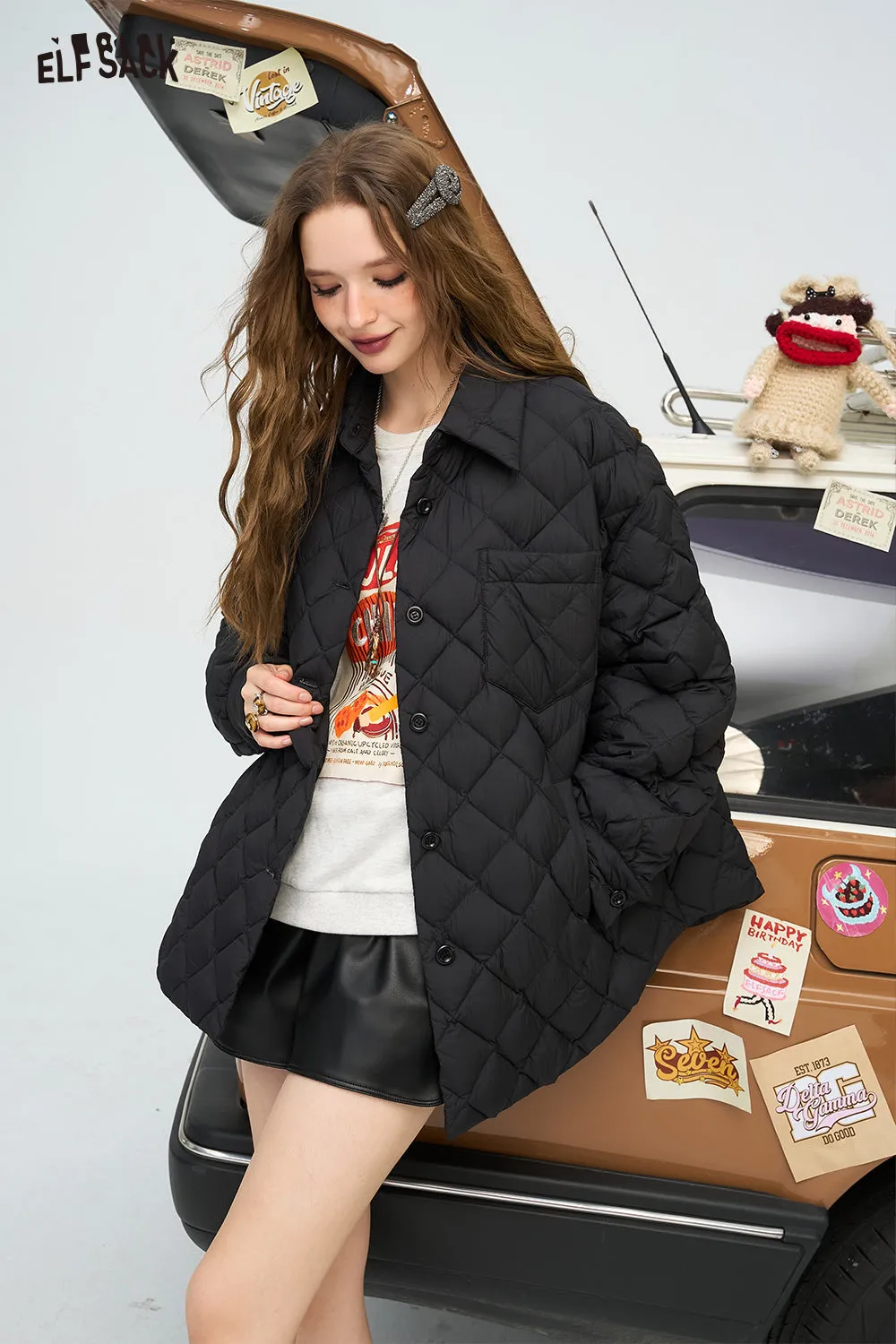 ELFSACK 2024 Winter New Arrivals Black diamond grid shirt style down jacket for women