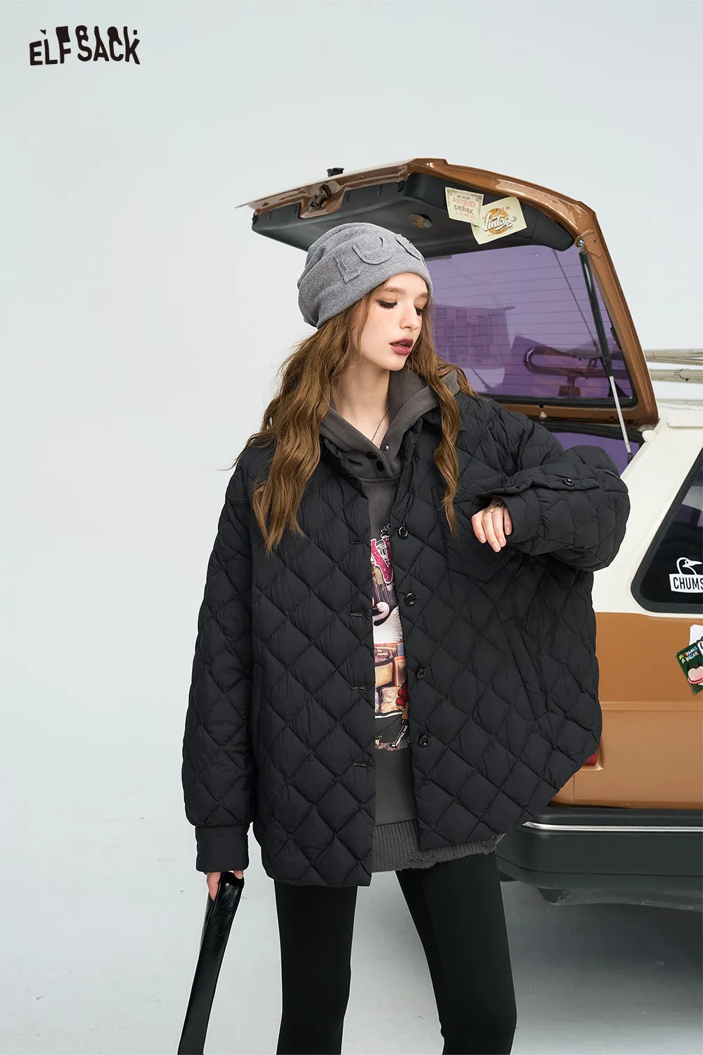 ELFSACK 2024 Winter New Arrivals Black diamond grid shirt style down jacket for women