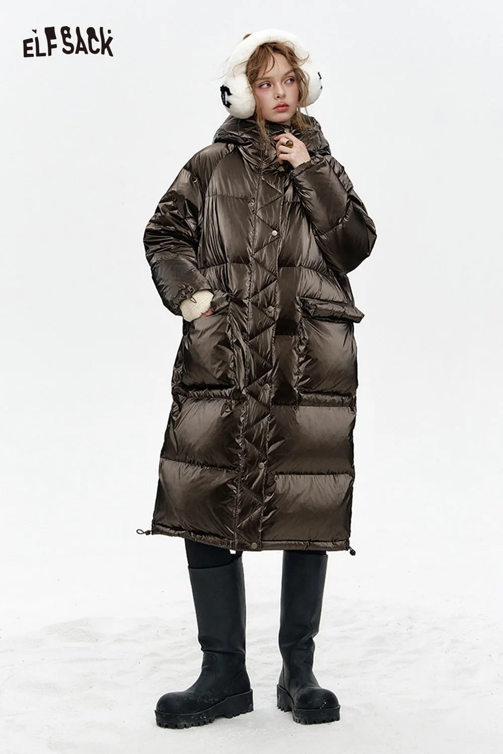 ELFSACK 2024 Winter New Arrivals Hooded drawstring pockets long down jacket for women