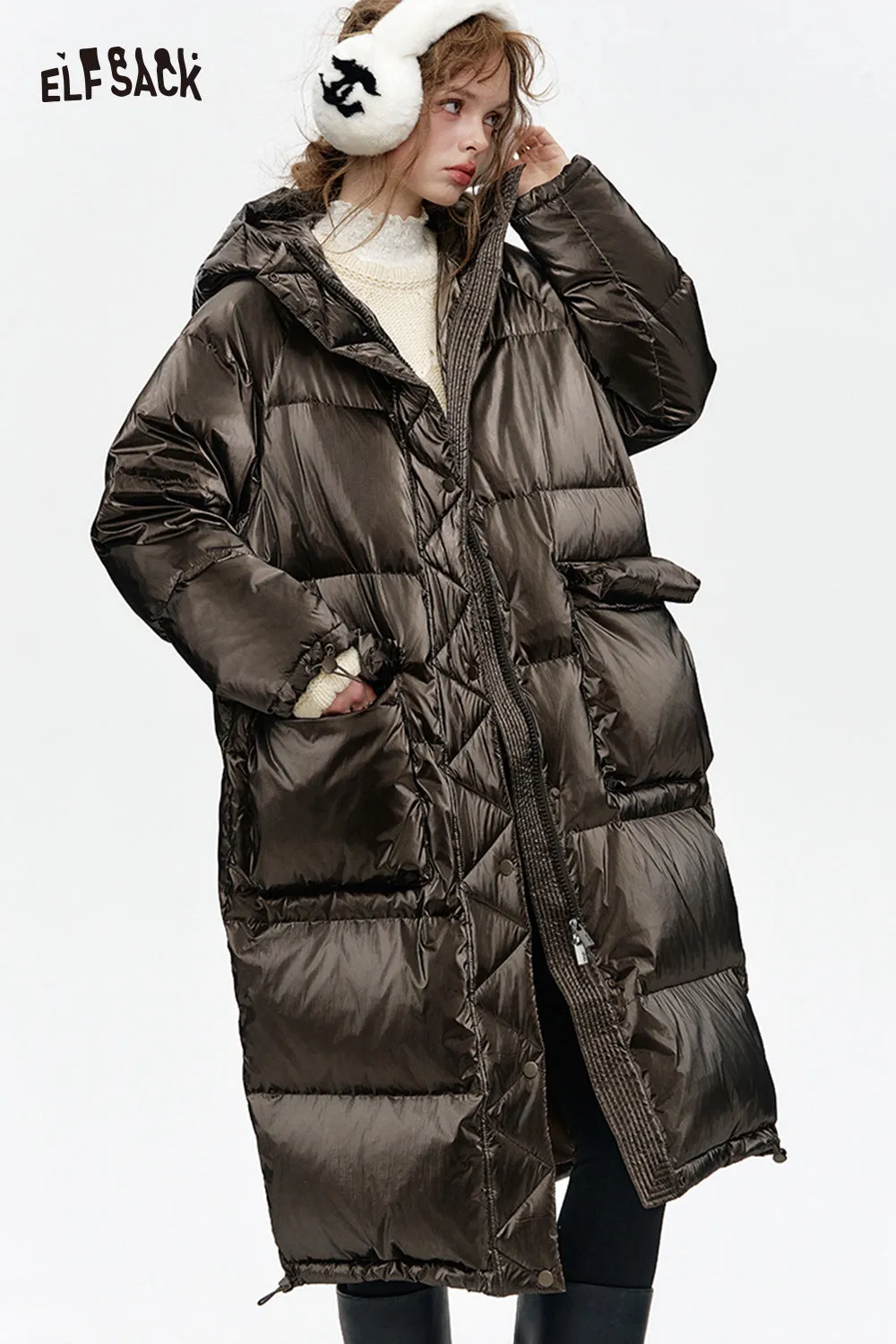 ELFSACK 2024 Winter New Arrivals Hooded drawstring pockets long down jacket for women