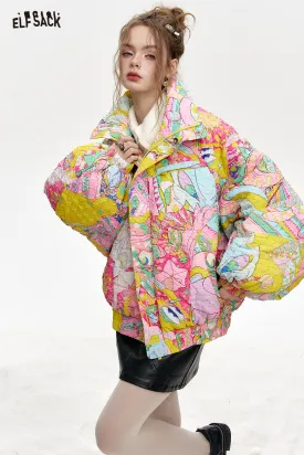 ELFSACK 2024 Winter New Arrivals Stand collar loose full printed short down jacket for women