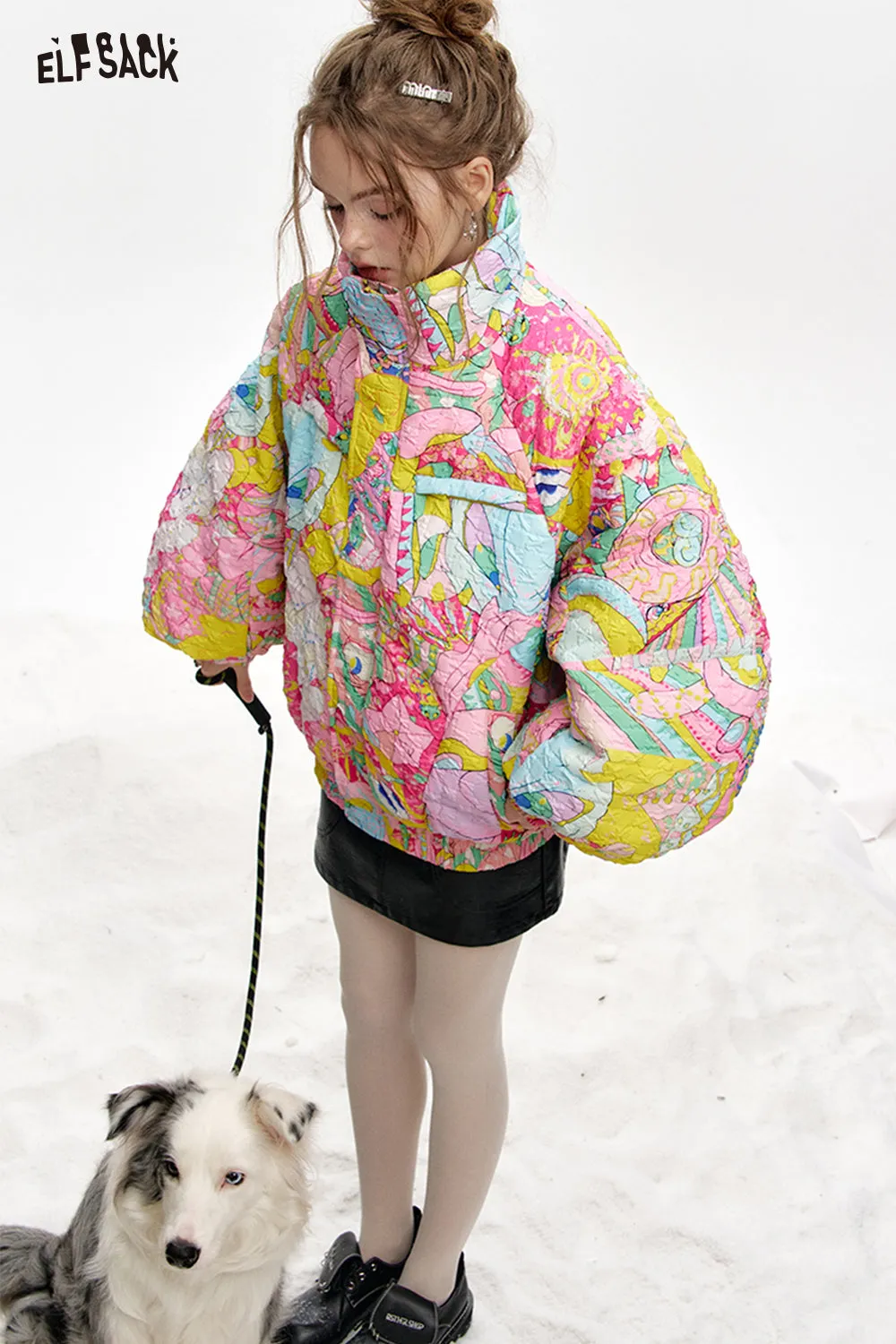 ELFSACK 2024 Winter New Arrivals Stand collar loose full printed short down jacket for women